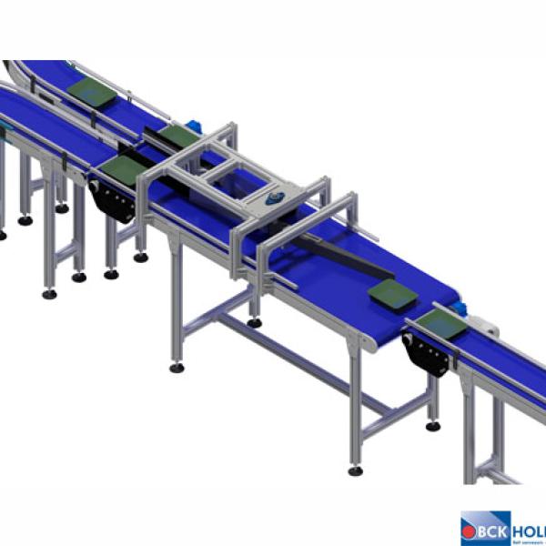 The BCK mattop conveyor with sorting flipper for aligning, guiding and sorting meal trays.