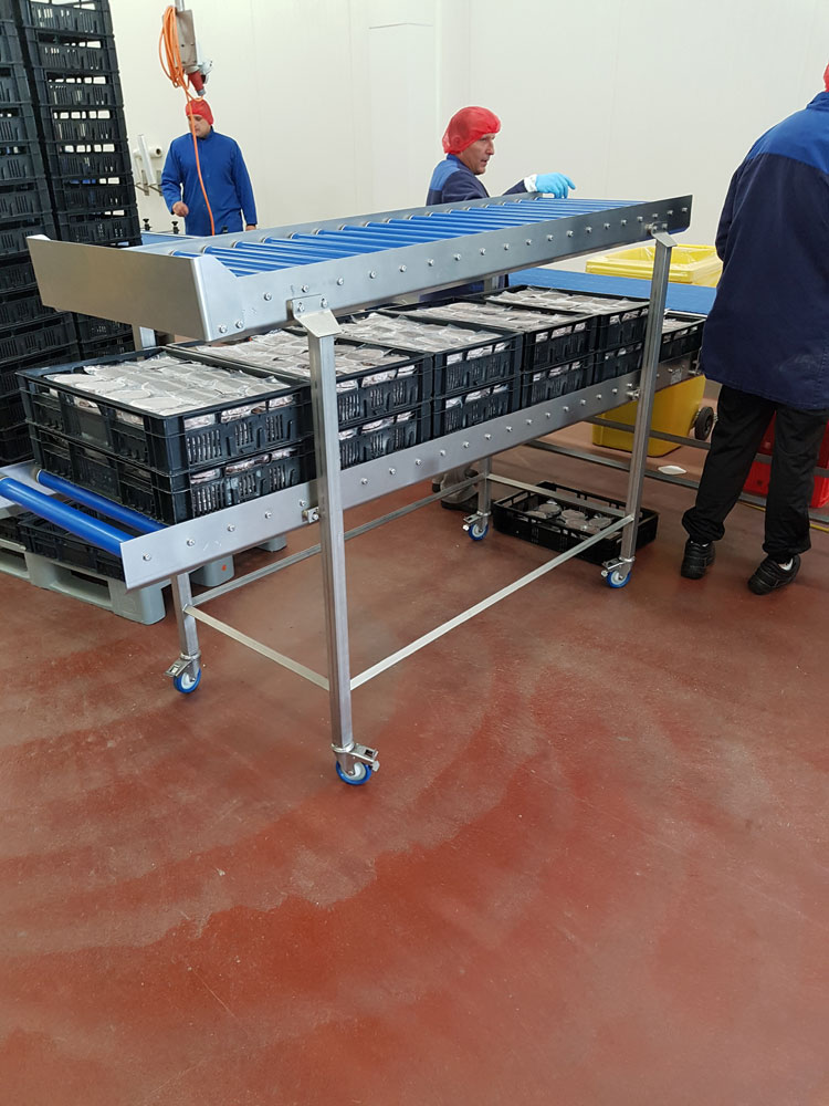 Stainless steel roller conveyor in the meat industry