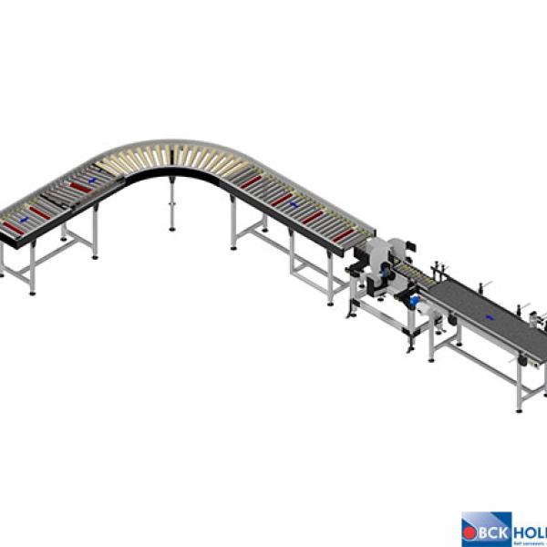 35. Compact BCK conveyor line for turning, tilting and aligning boxes onto a palletiser
