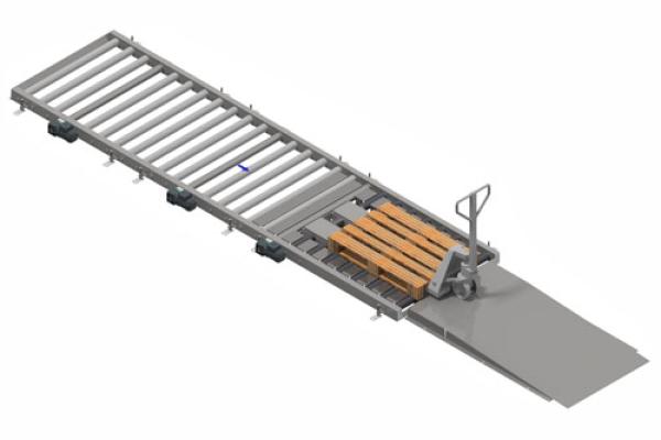 18. Lowered pallet conveyor with ramp