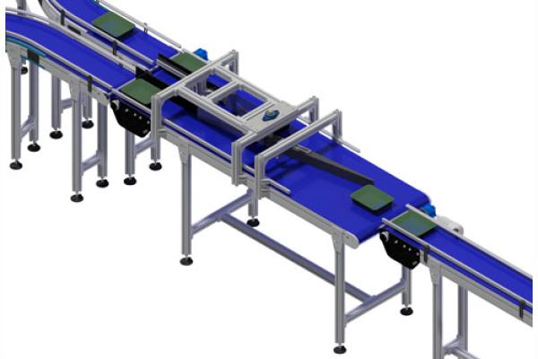 13. The BCK mattop conveyor with sorting flipper for aligning, guiding and sorting meal trays.