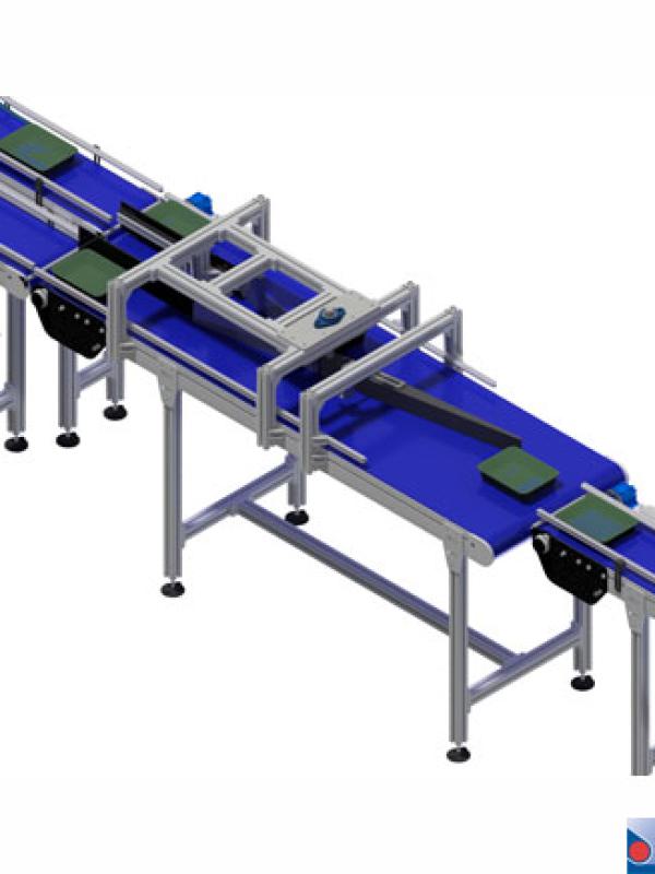 The BCK mattop conveyor with sorting flipper for aligning, guiding and sorting meal trays.